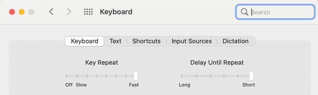 screenshot of key repeat and delay until repeat sliders